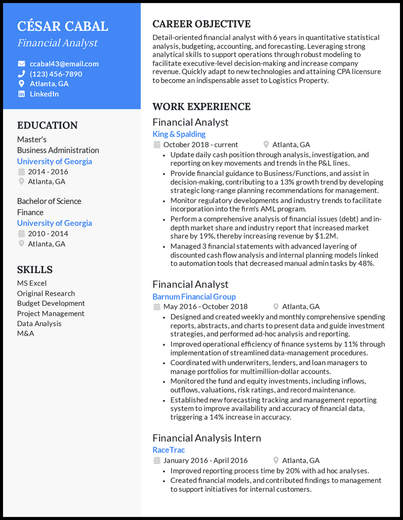 resume template for finance