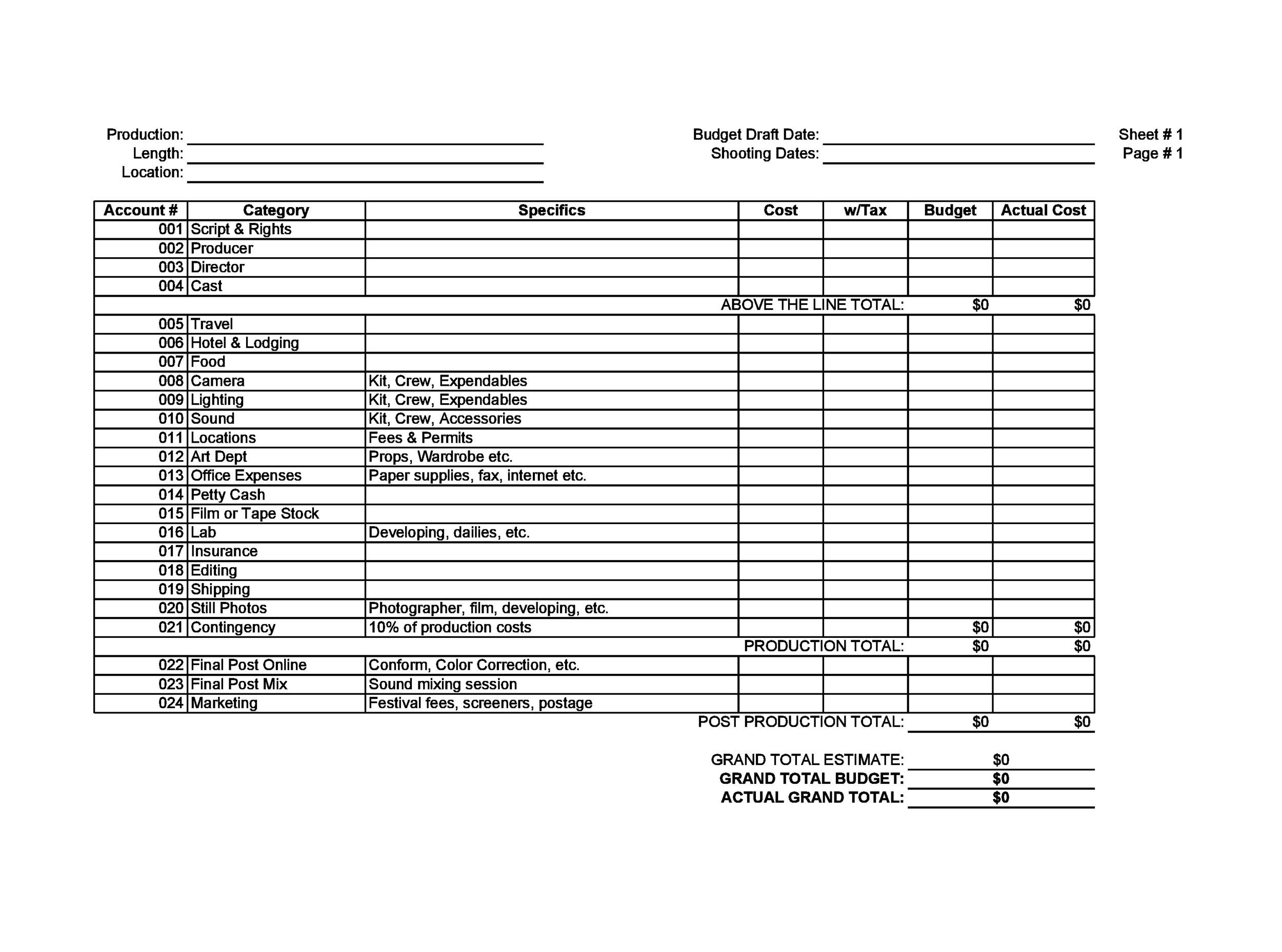 Film Production Budget Template