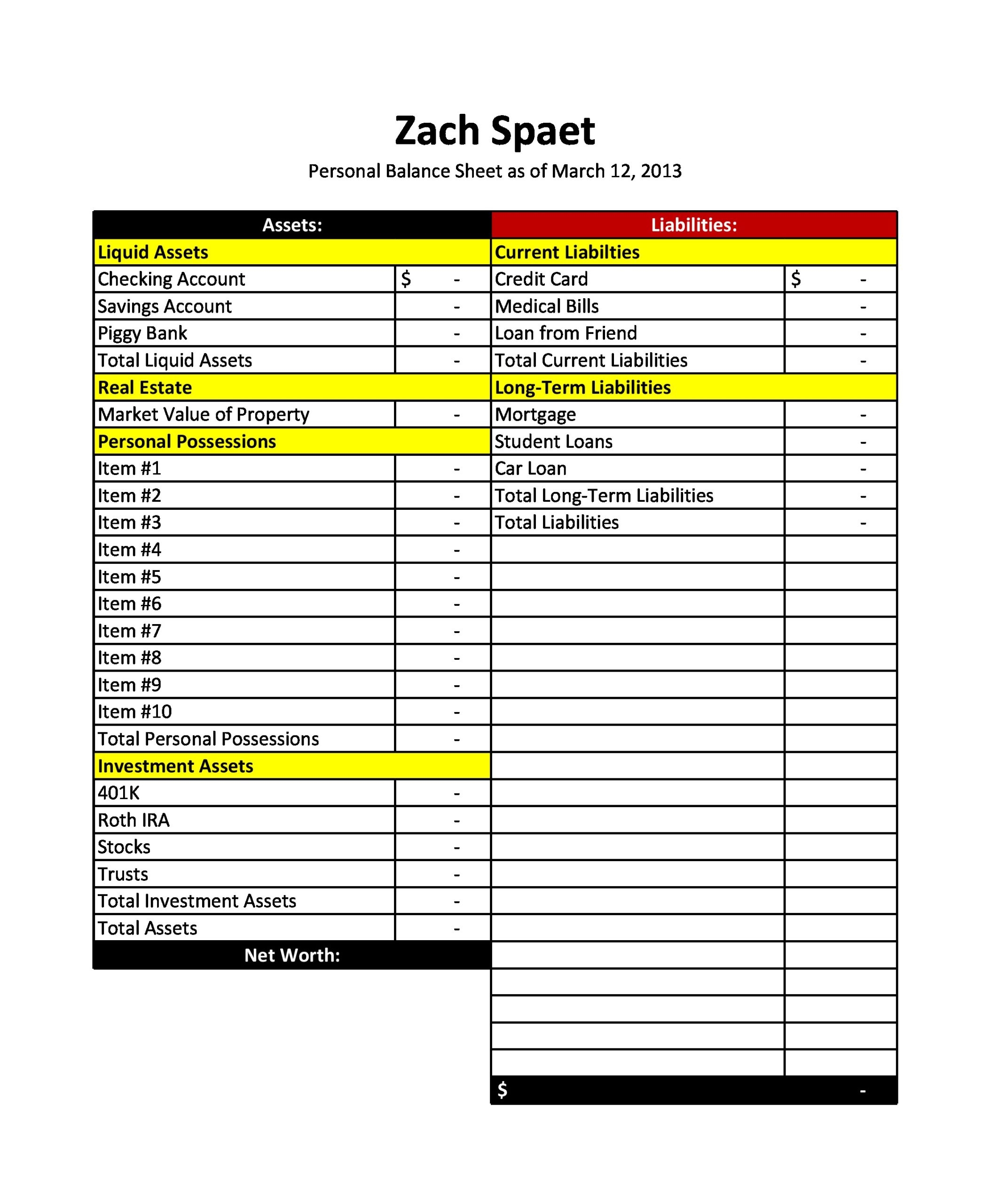40 Excel Personal Balance Sheet Templates Examples TemplateLab