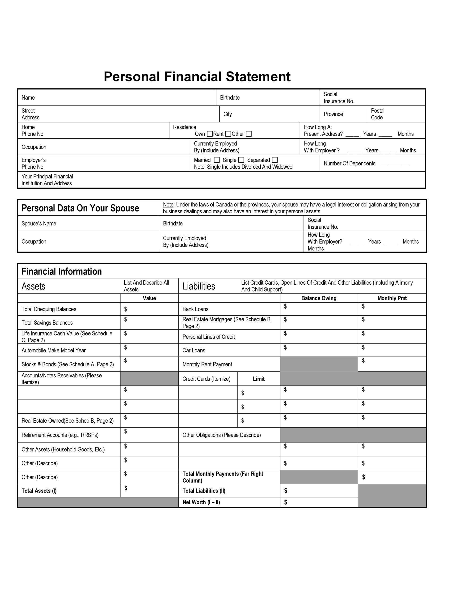 personal finance statement template