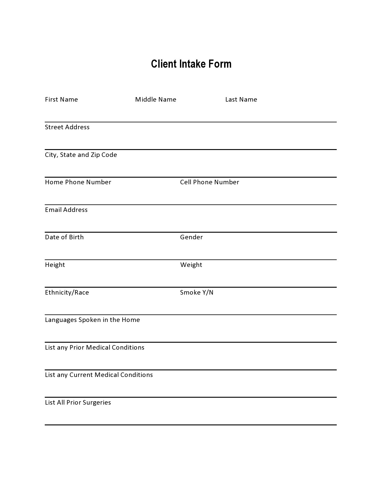 free printable client intake form for business