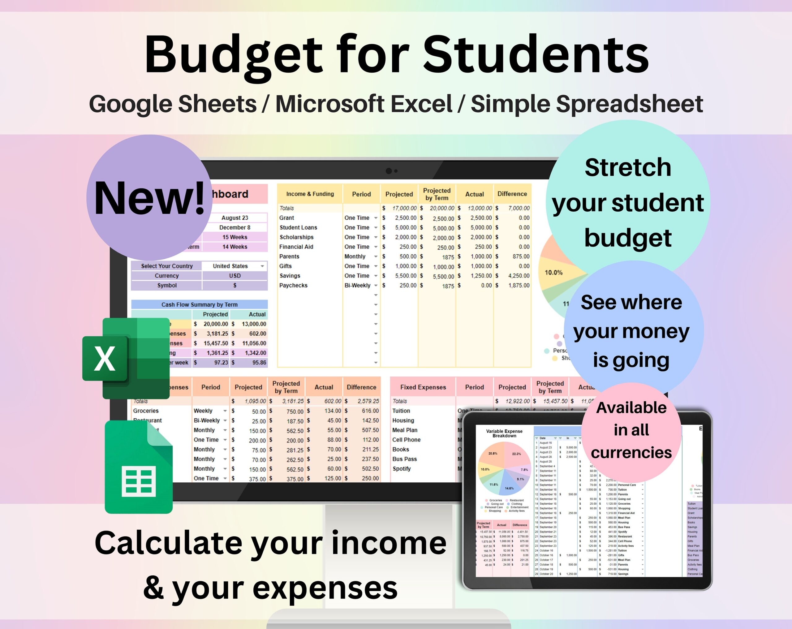 Budget For Students Spreadsheet Google Sheets Excel Template Digital Academic Financial Planner College University Finance Tracker Worksheet Etsy