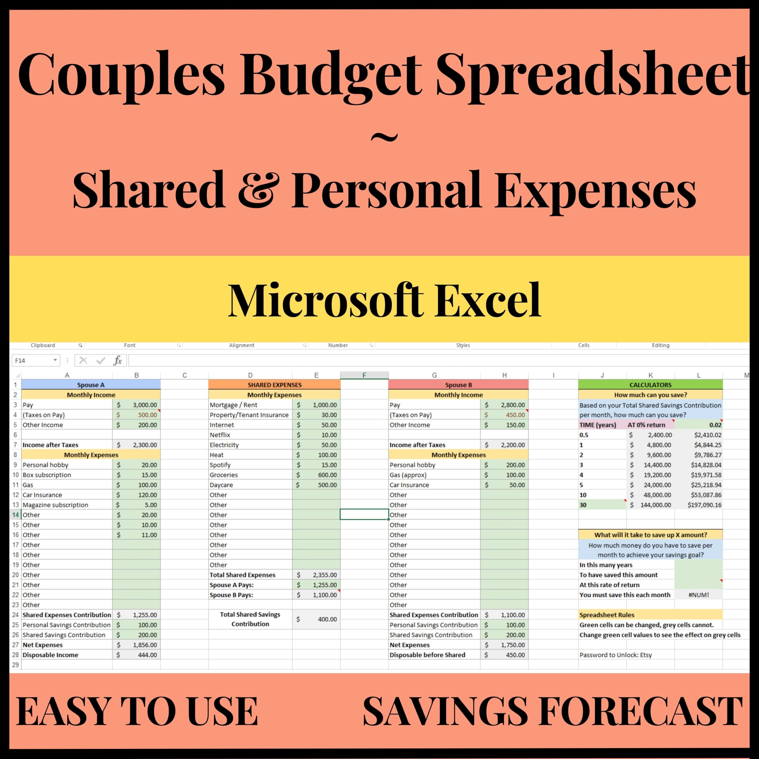 Couples Budget Spreadsheet Shared And Personal Expense Tracker Savings Forecast Formulas Digital Download Etsy