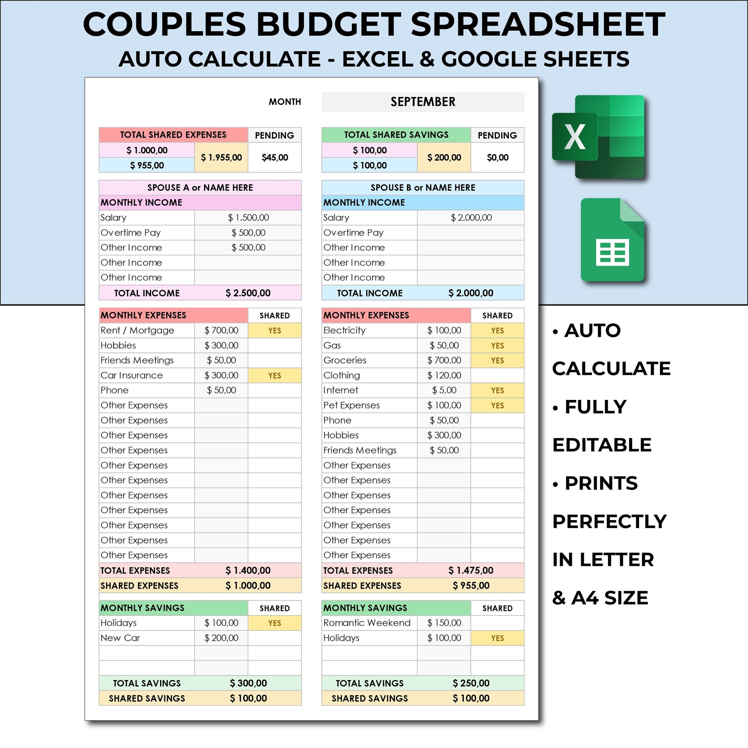 Couples Budget Spreadsheet Template Monthly Shared Personal Expense Tracker Boyfriend Girlfriend Budget Excel Google Sheets Spreadsheet Etsy
