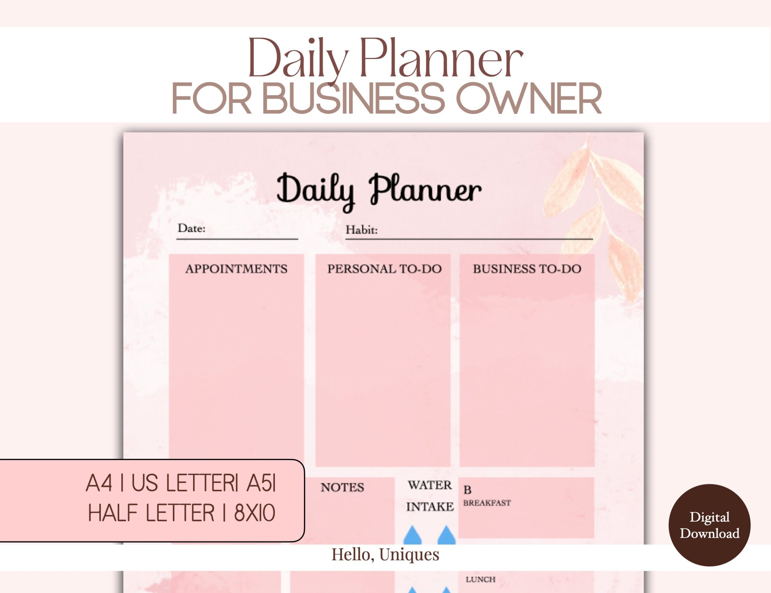 Daily Planner For Business Owner Business Insert Planner Insert Printable Digital Download PDF A4 A5 US Letter 8x10 Half Etsy