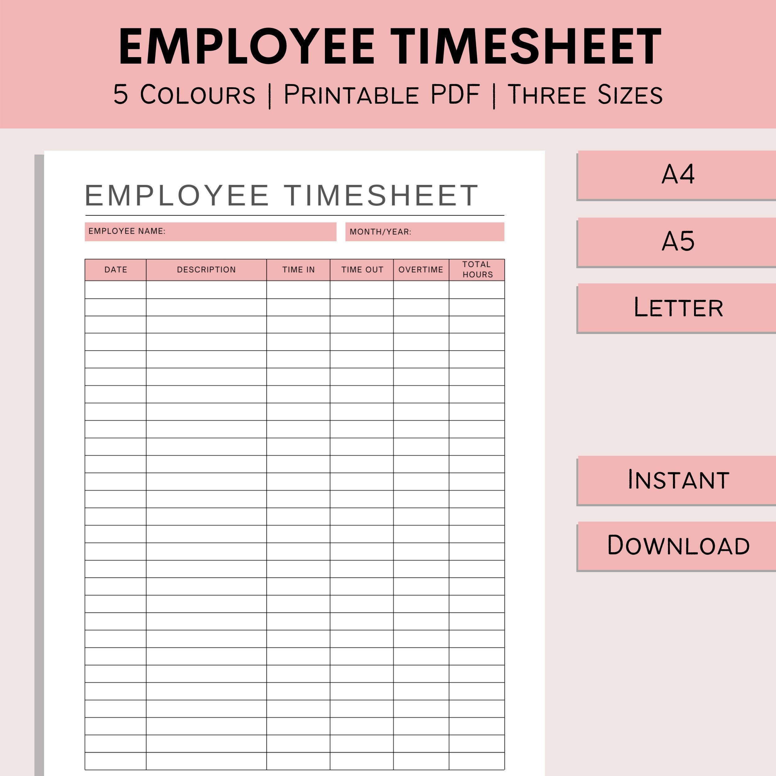 Employee Timesheet Printable Work Schedule Tracker Timekeeping Log Employee Organizer Business Resources PDF A4 A5 Letter Etsy