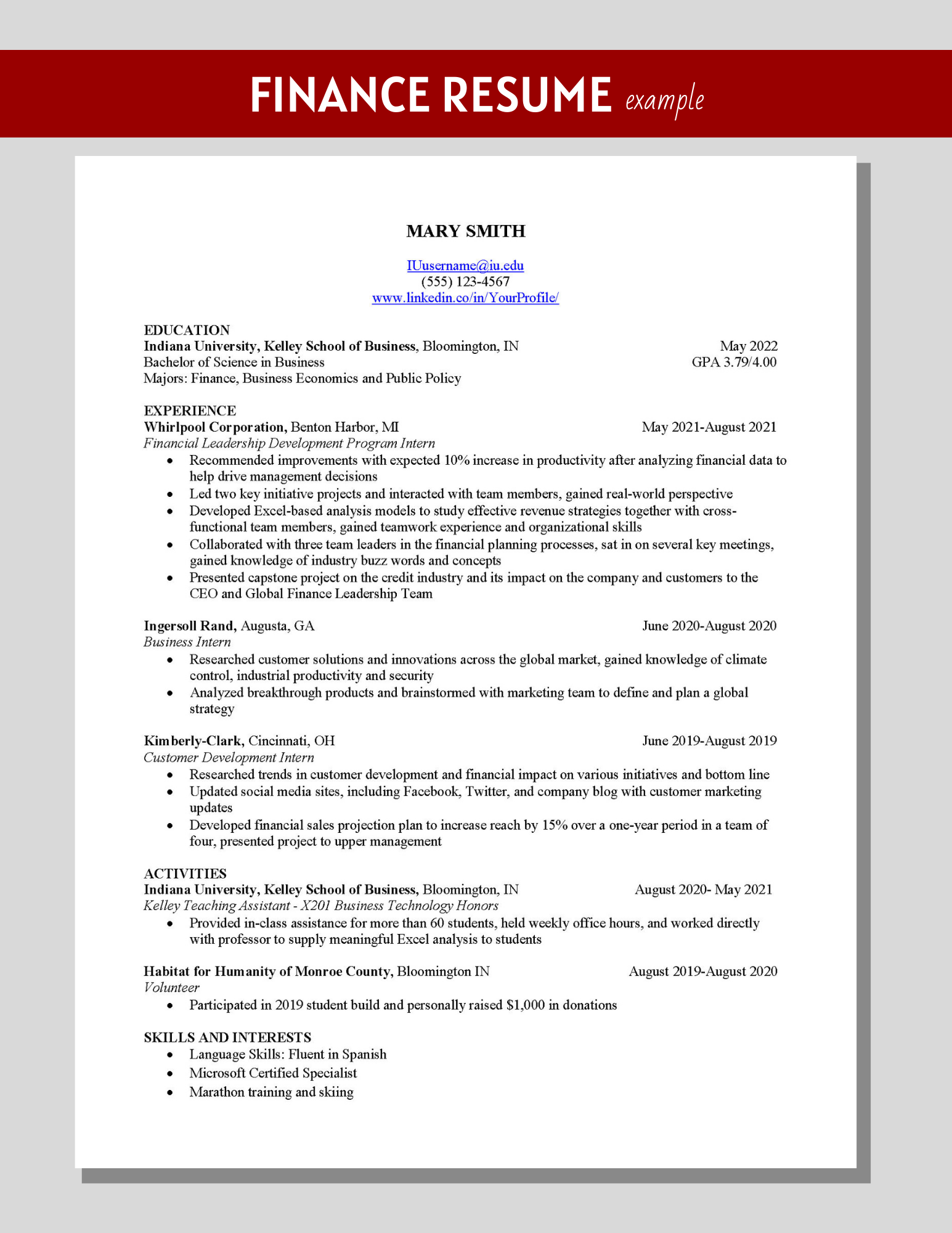 Finance Resume Example KelleyConnect Kelley School Of Business