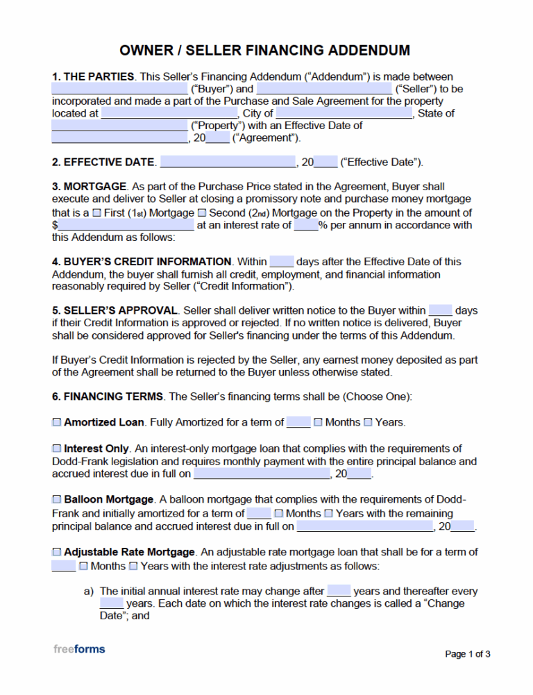 Free Owner Seller Financing Addendum PDF Word