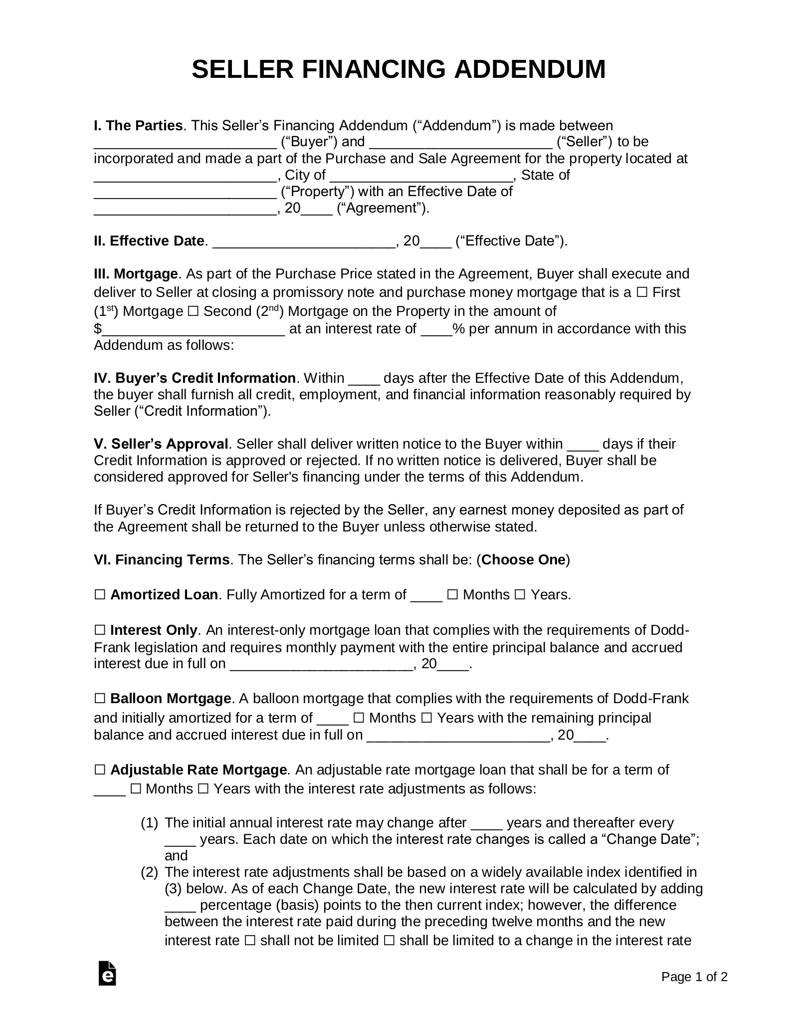 Free Seller Financing Addendum To Purchase Agreement PDF Word EForms