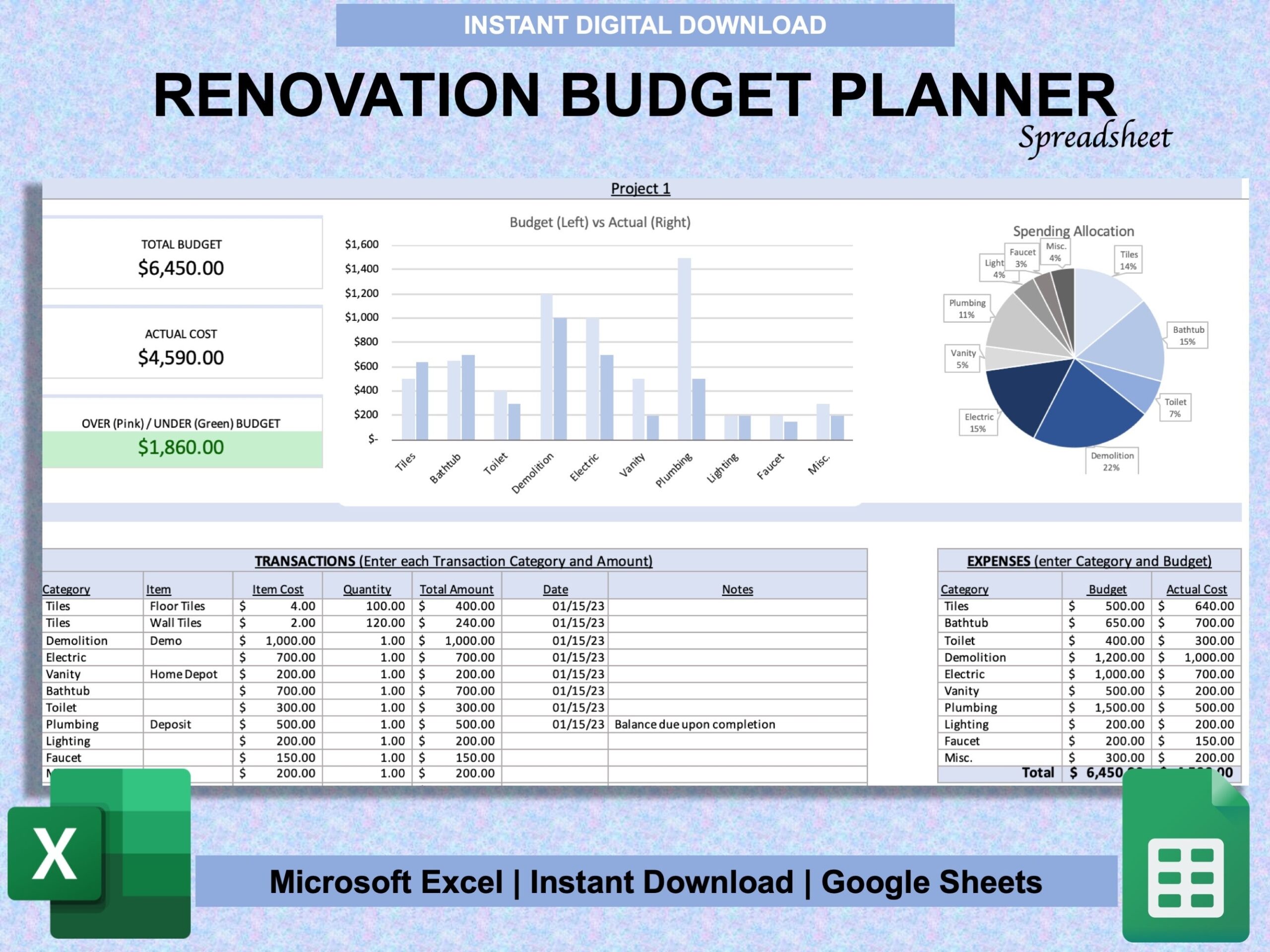Home Renovation Budget Planner For Excel Google Sheets DIY Planner Renovation Project Budget Template Renovation Tracker Spreadsheet Etsy