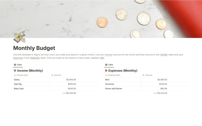 Monthly Budget Template By Notion Notion Marketplace
