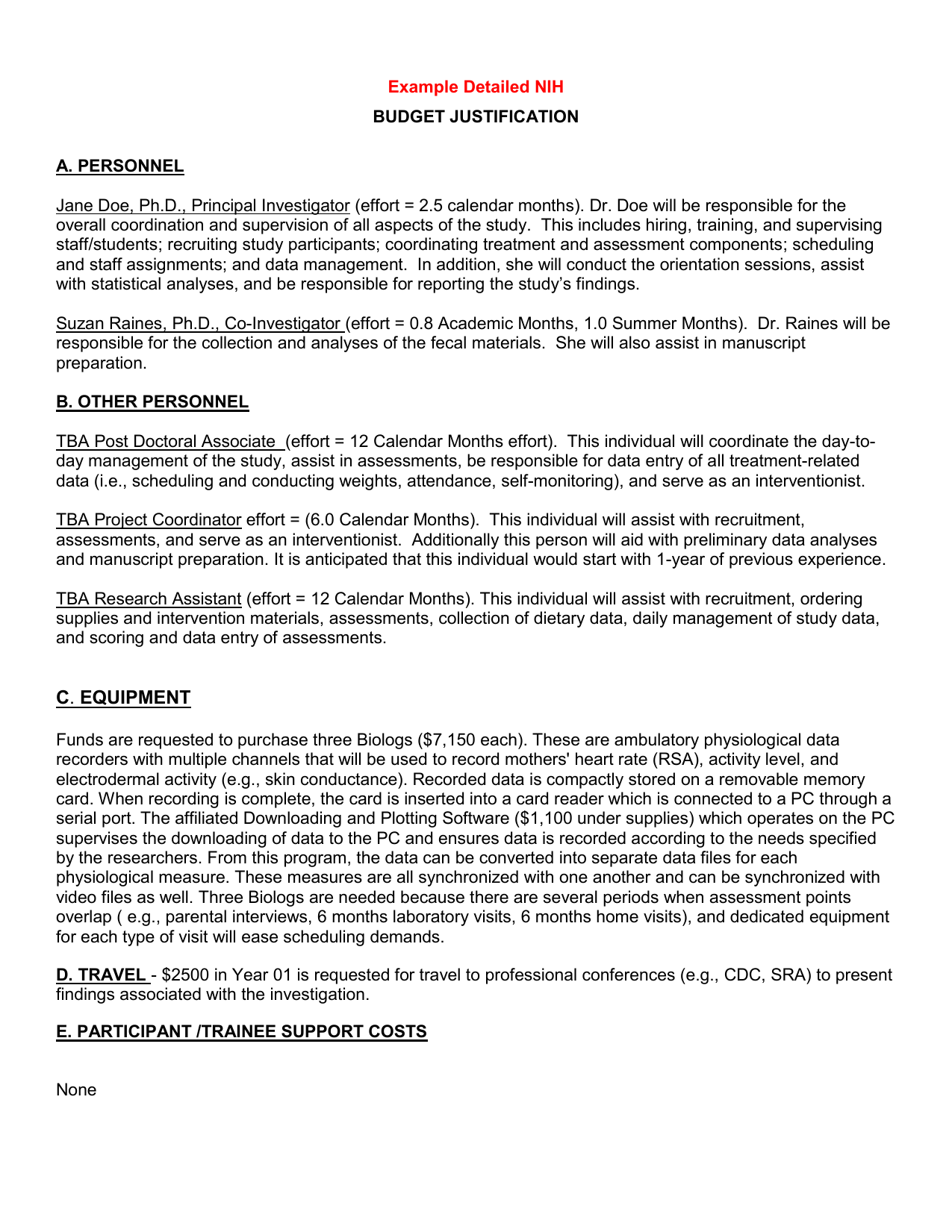 NIH Budget Justification Example Detailed Breakdown