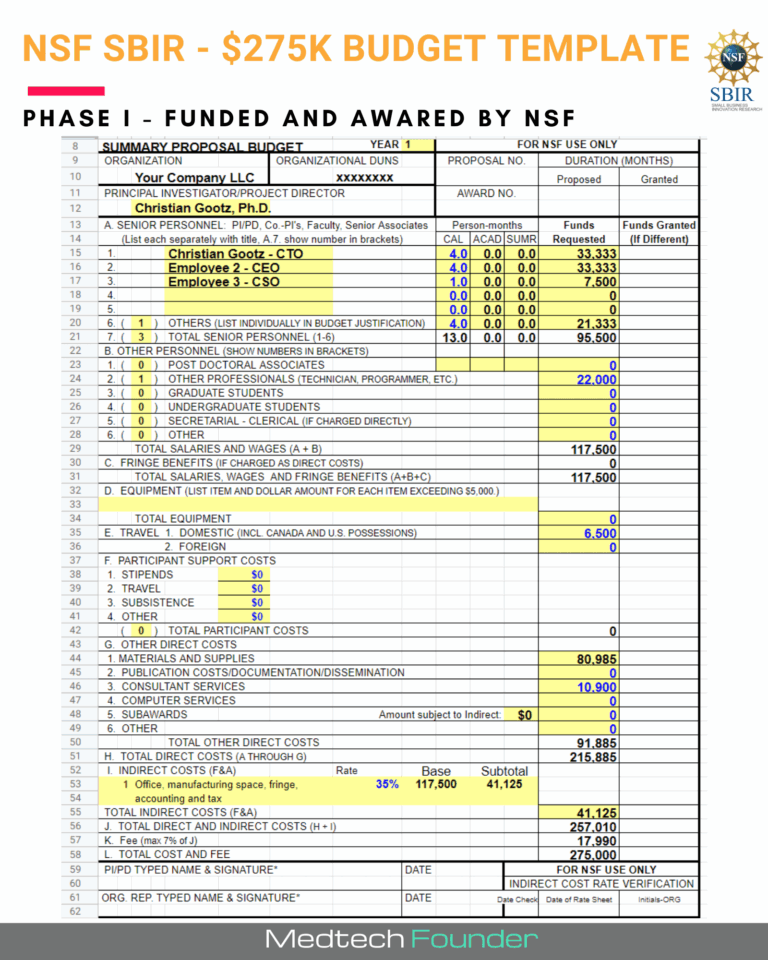 NSF SBIR Phase 1 Budget Template Medtech Founder