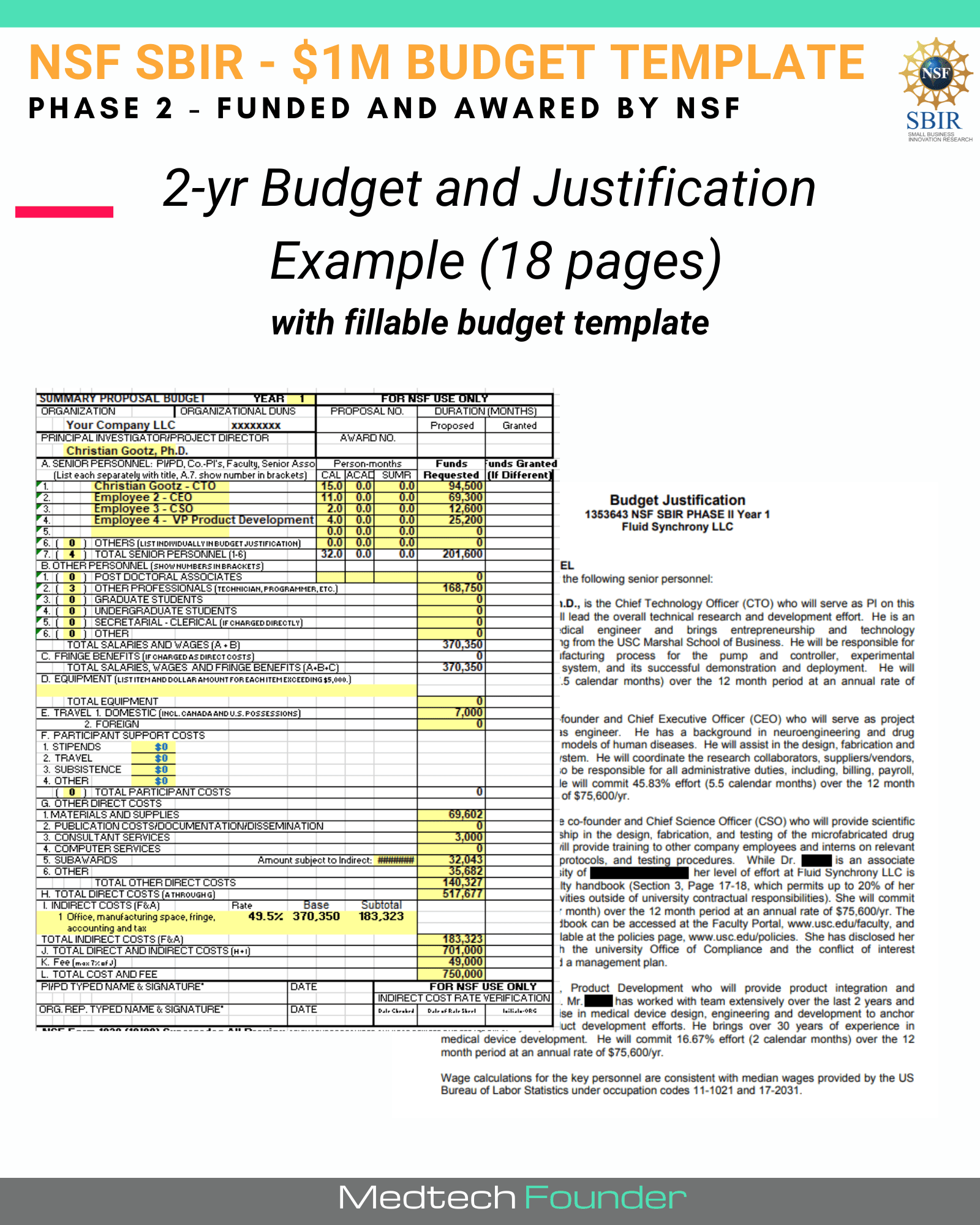 NSF SBIR Phase 2 Budget Example Medtech Founder