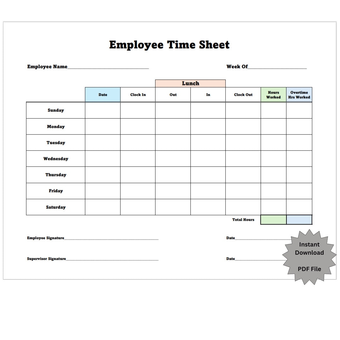 Printable Weekly Employee Time Sheet Small Business Time Sheet PDF File Prints On 8 1 2 X 11 Inch Paper Etsy