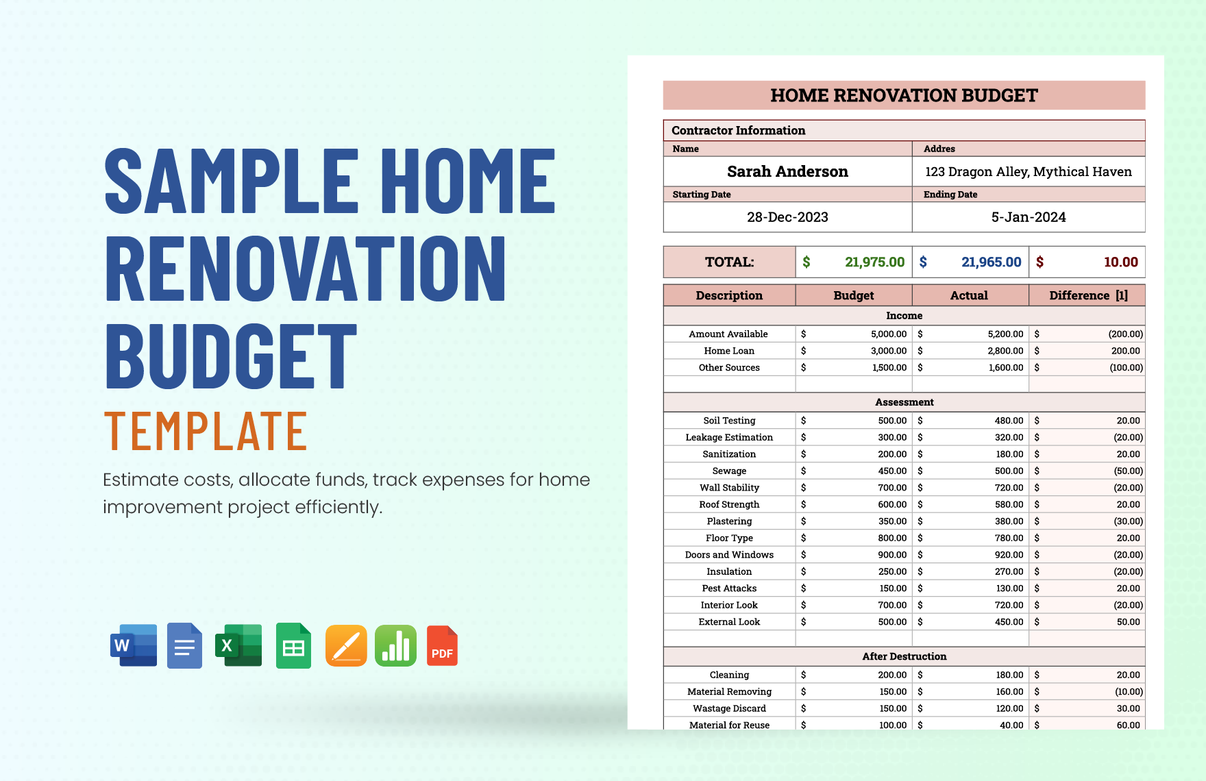 Home Renovation Budget Template