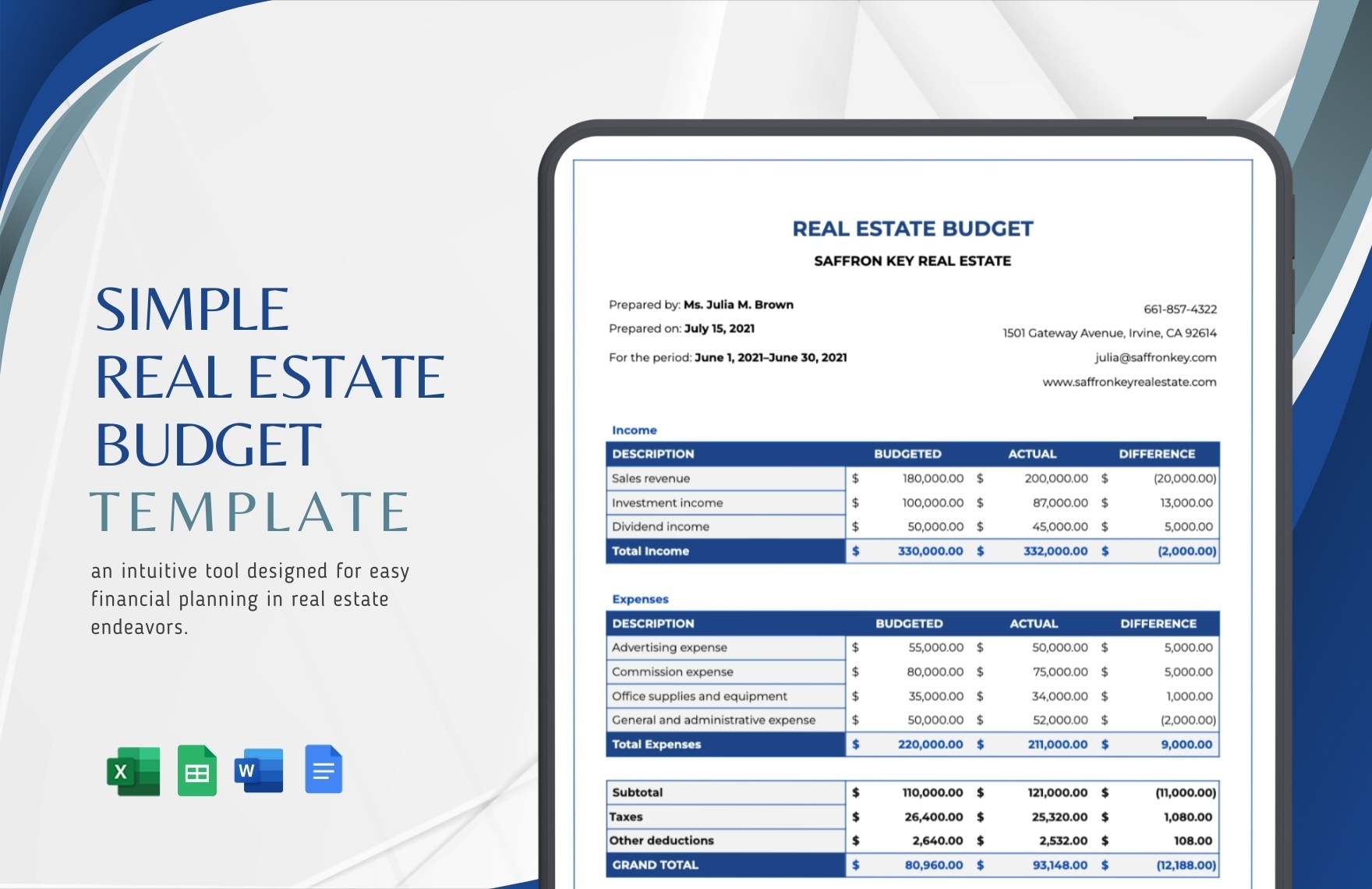 Simple Real Estate Budget Template In Google Docs Word Google Sheets Excel Download Template