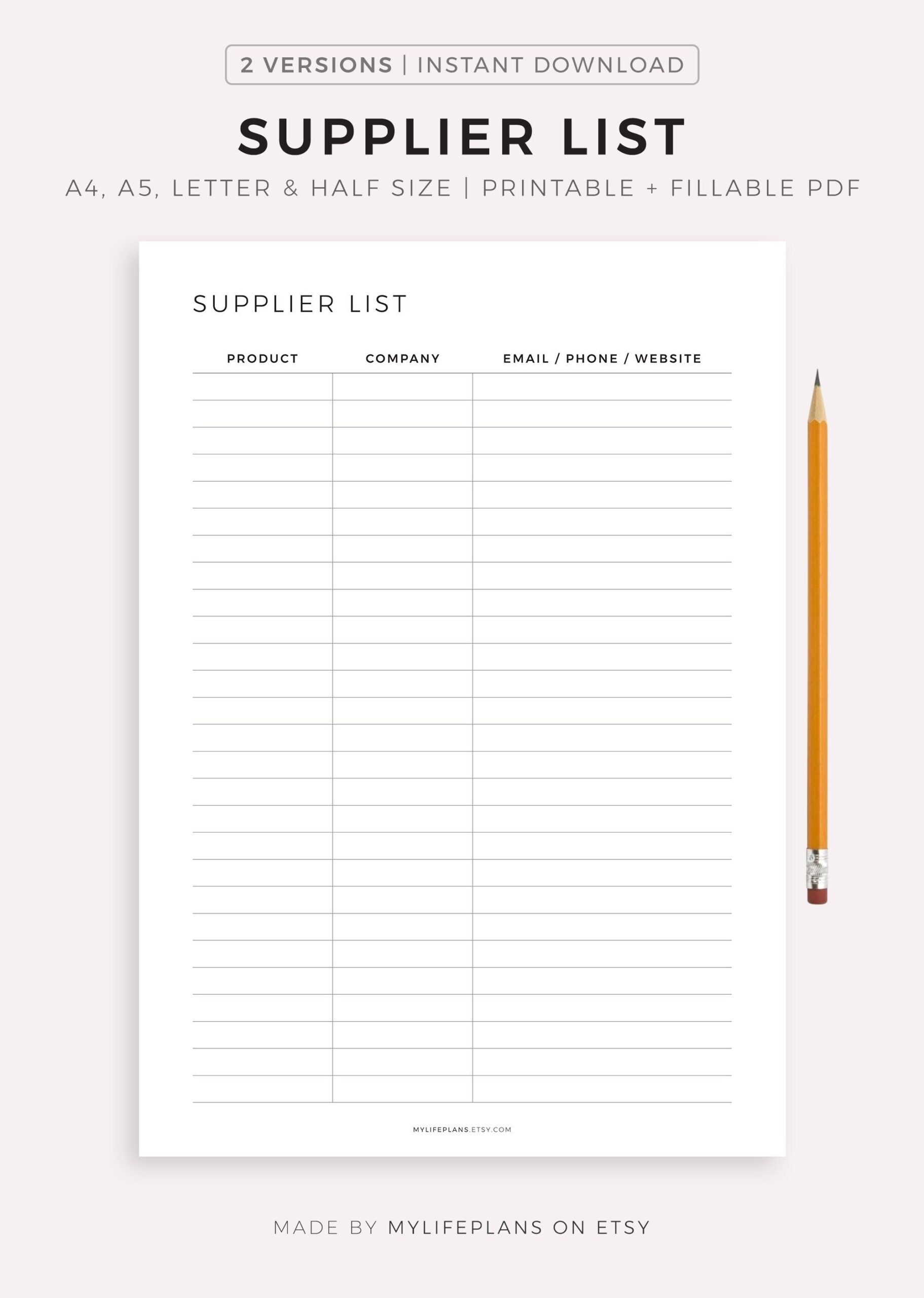 Supplier List Printable Supplier Information Log Supplies Vendor Contacts Small Business Planner A4 a5 letter half Instant Download Etsy