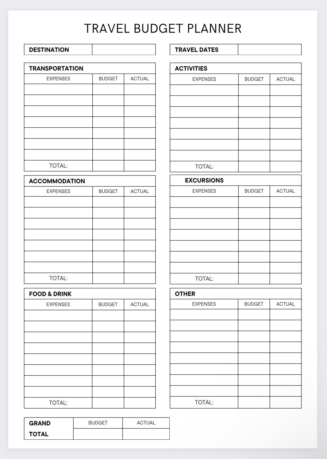 Travel Breakdown Budget Planner vacation Budget Planner Printable Travel Spending Worksheet Template holiday Finance Planner travel Planner Etsy