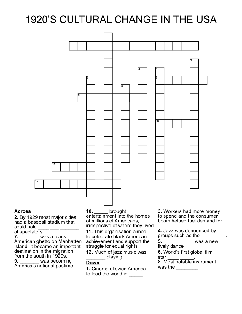 1920 S CULTURAL CHANGE IN THE USA Crossword WordMint