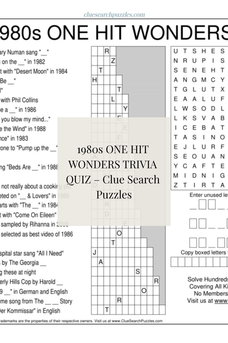 1980s ONE HIT WONDERS TRIVIA QUIZ Clue Search Puzzles