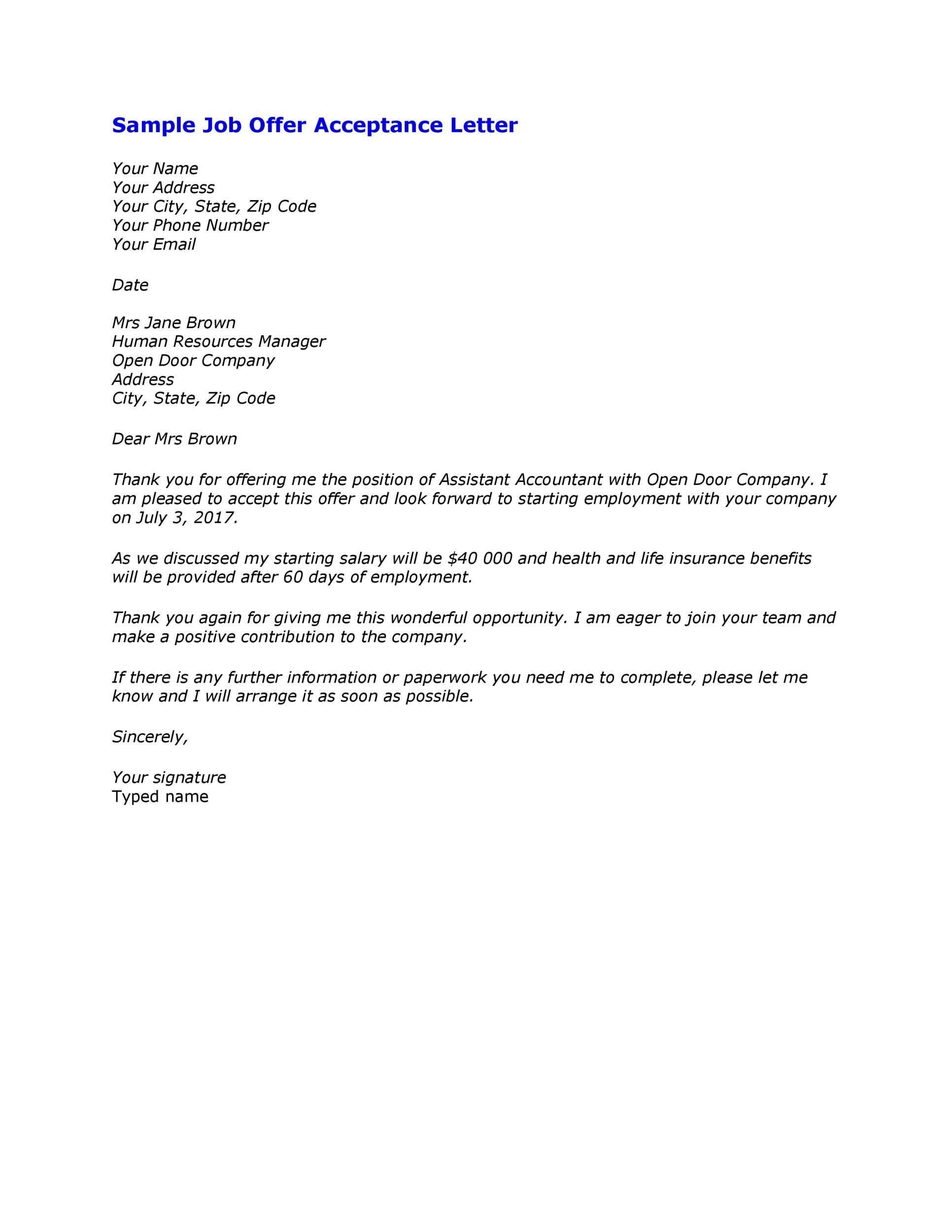 40 Professional Job Offer Acceptance Letter Email Templates TemplateLab 40 Professional Job Offer Acceptance Letter Email Templates TemplateLab