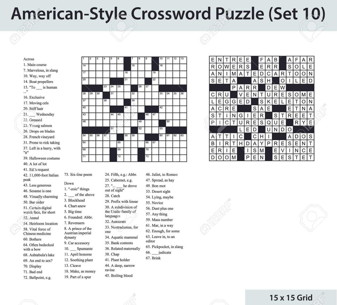 American Style Crossword Puzzle With A 15 X 15 Grid Includes Blank Crossword Grid Clues And Solution Royalty Free SVG Cliparts Vectors And Stock Illustration Image 166977581 