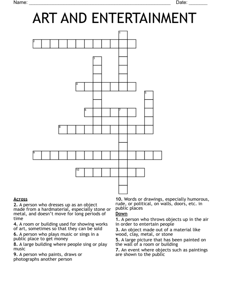 ART AND ENTERTAINMENT Crossword WordMint