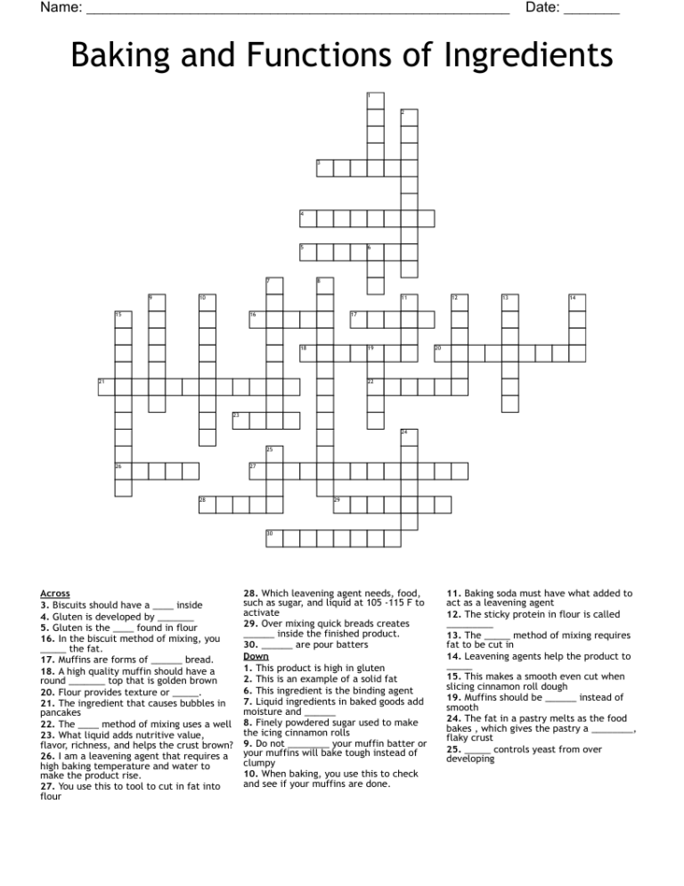 Baking And Functions Of Ingredients Crossword WordMint