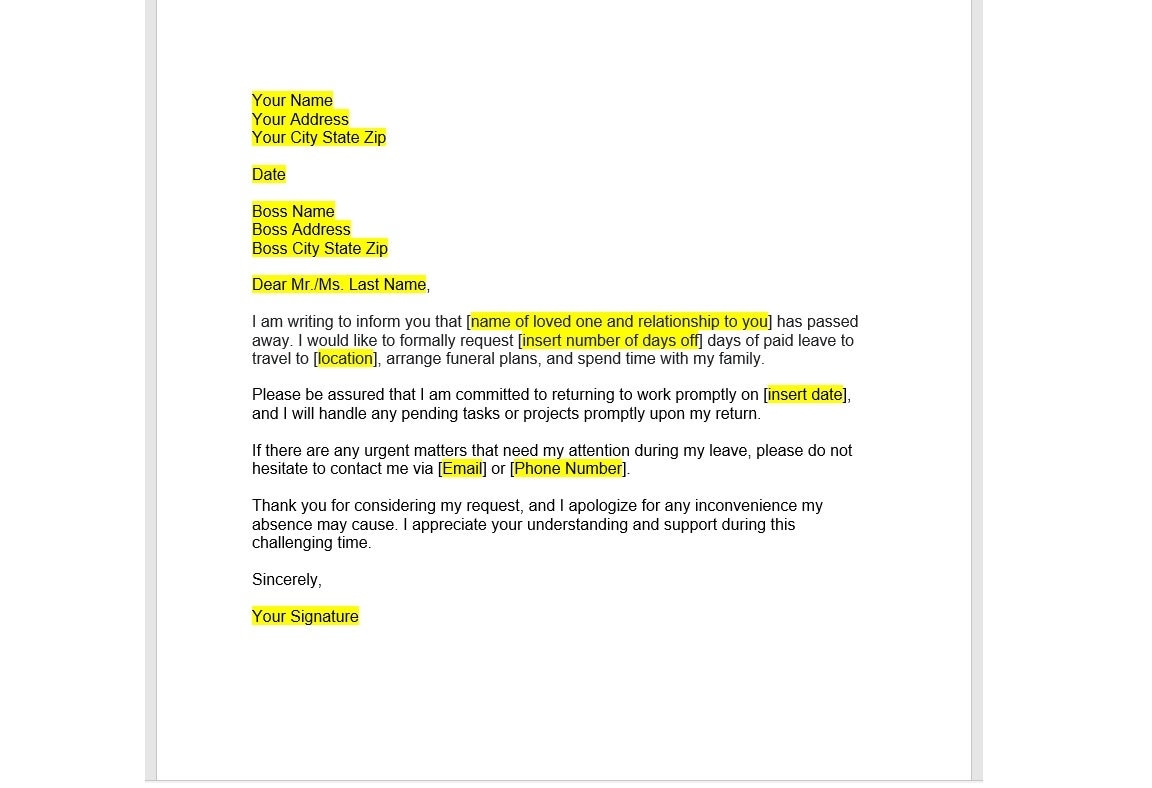 Bereavement Leave Letter To Attend Funeral Template Bereavement Leave Letter Bereavement Leave Template Bereavement Leave Word Template Etsy