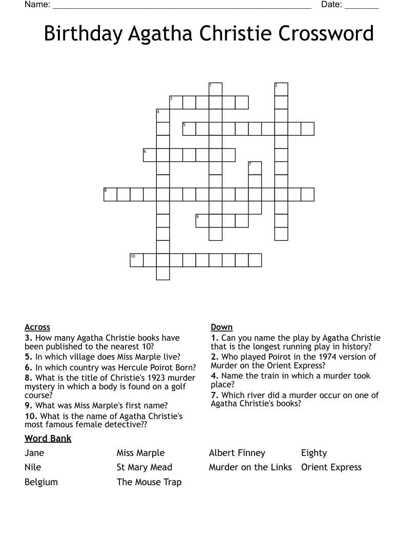 Birthday Agatha Christie Crossword WordMint