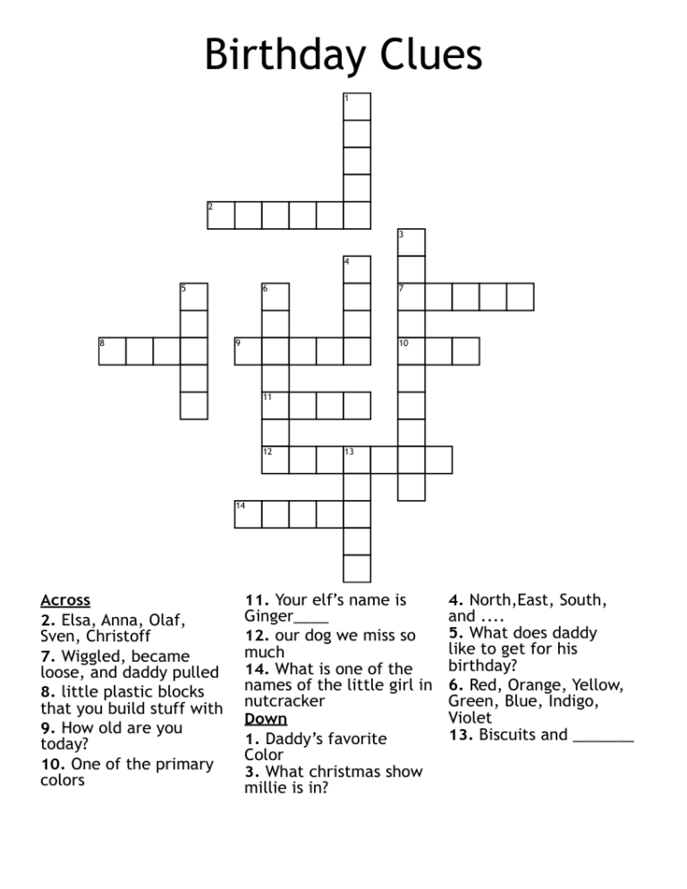 Birthday Clues Crossword WordMint