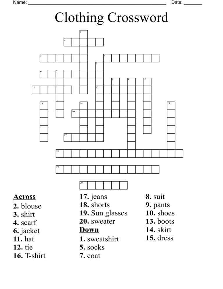 Clothing Crossword WordMint