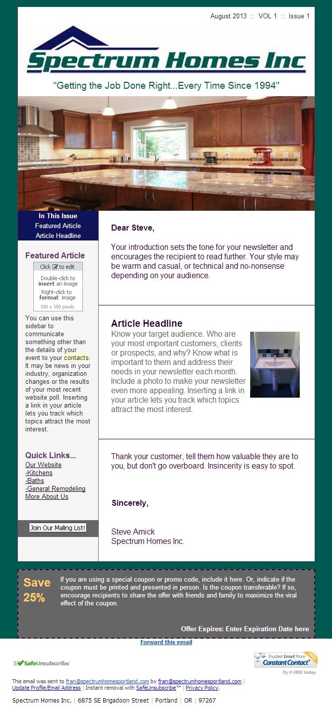 Constant Contact Newsletter Design Spectrum Home Builders ABD Promotions