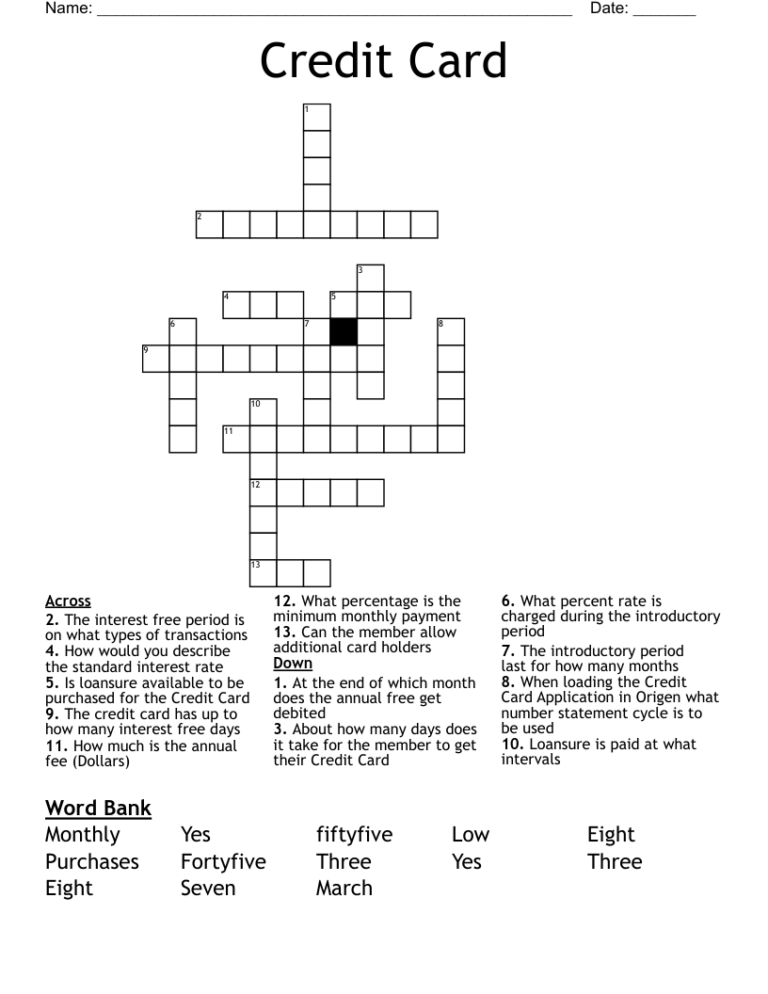 Credit Card Crossword WordMint