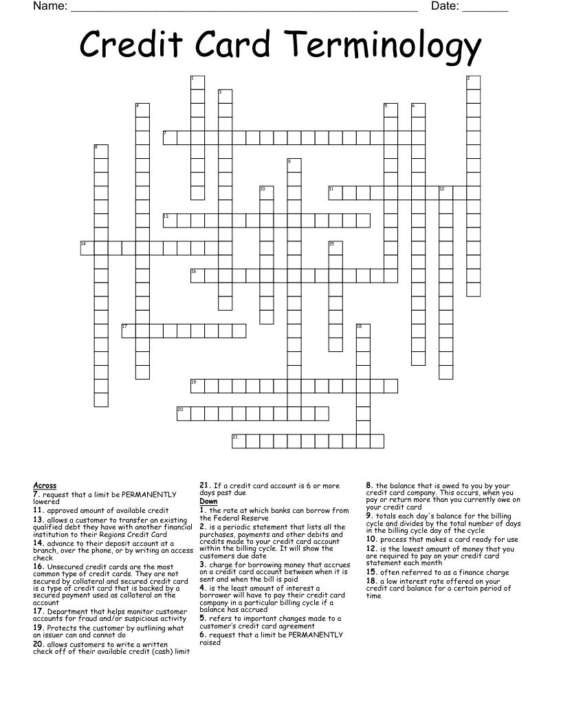 Credit Card Terminology Crossword WordMint