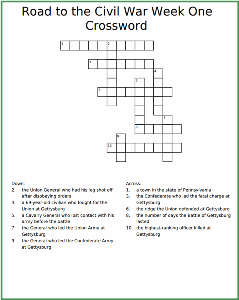 Crossword Puzzle Week 1 Road To The Civil War