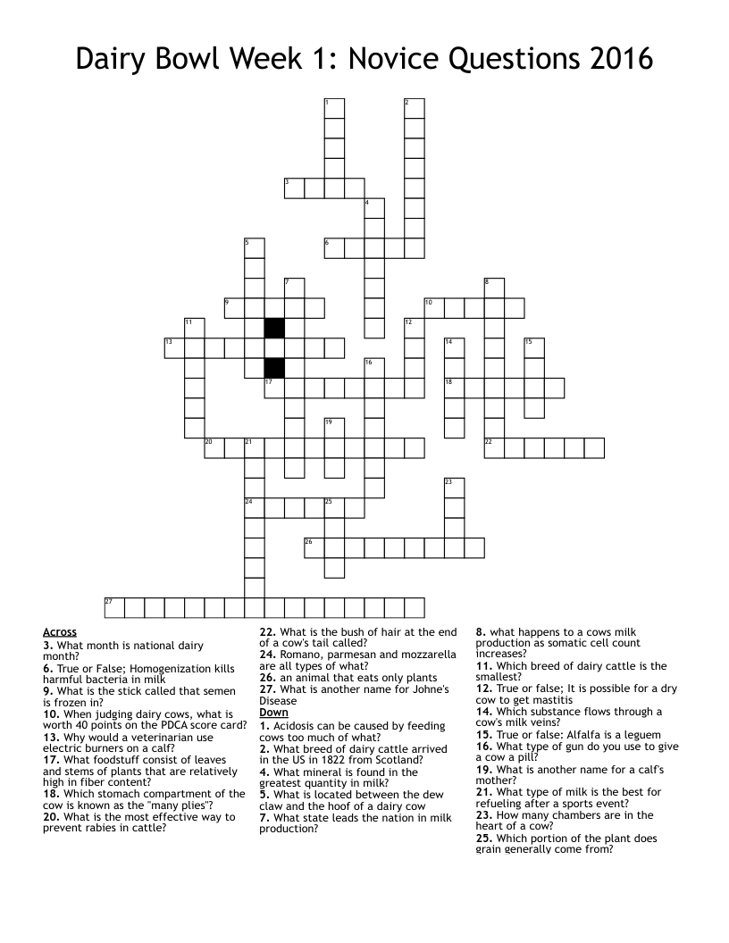 Dairy Bowl Week 1 Novice Questions 2016 Crossword WordMint