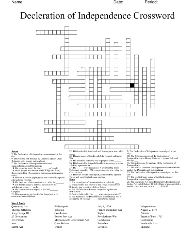 Decleration Of Independence Crossword WordMint