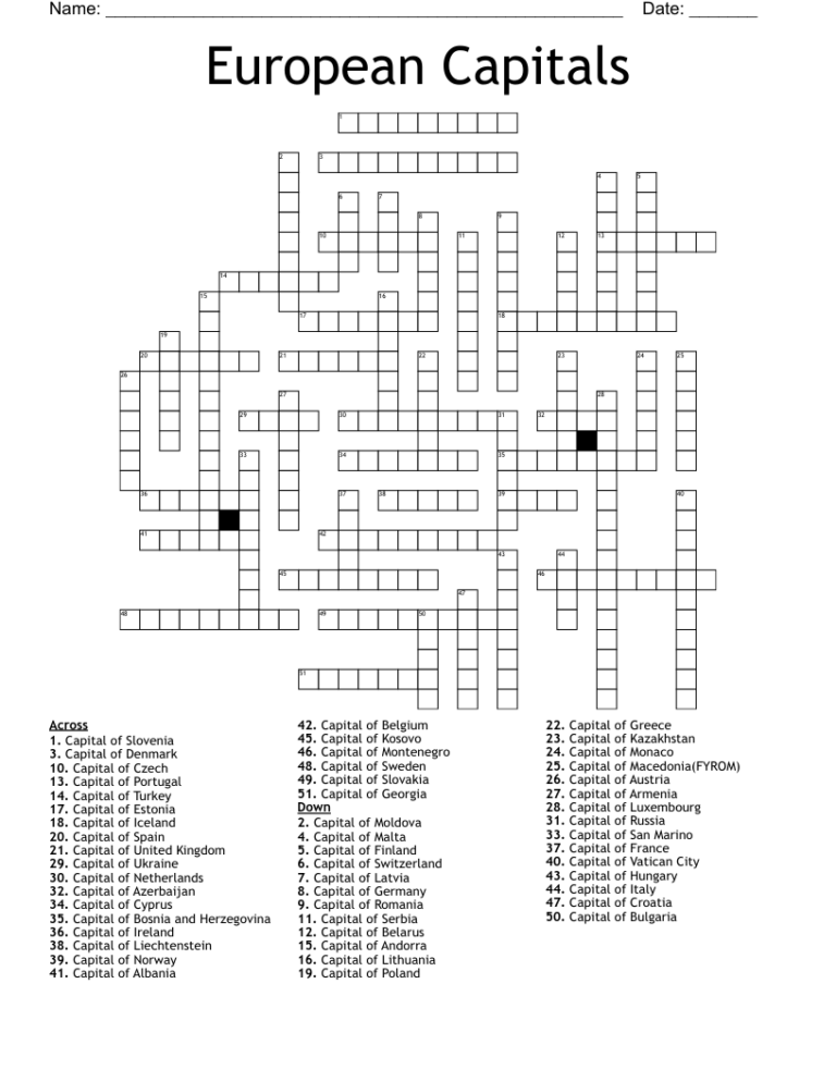 Eastern Europe Capitals Crossword WordMint