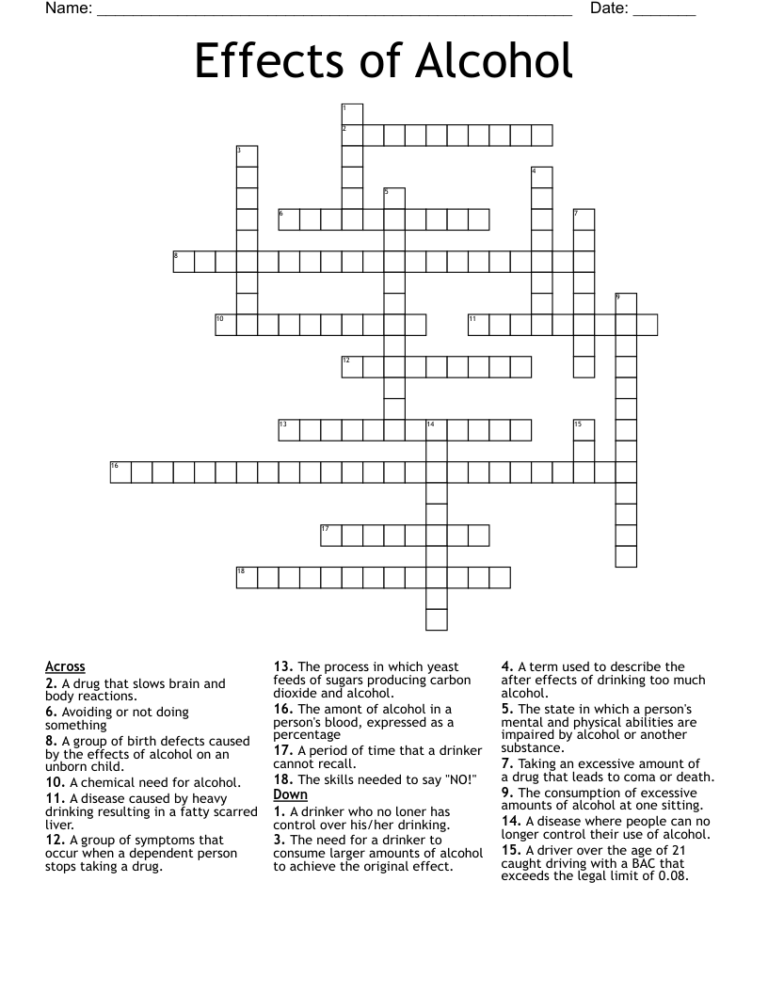Effects Of Alcohol Crossword WordMint