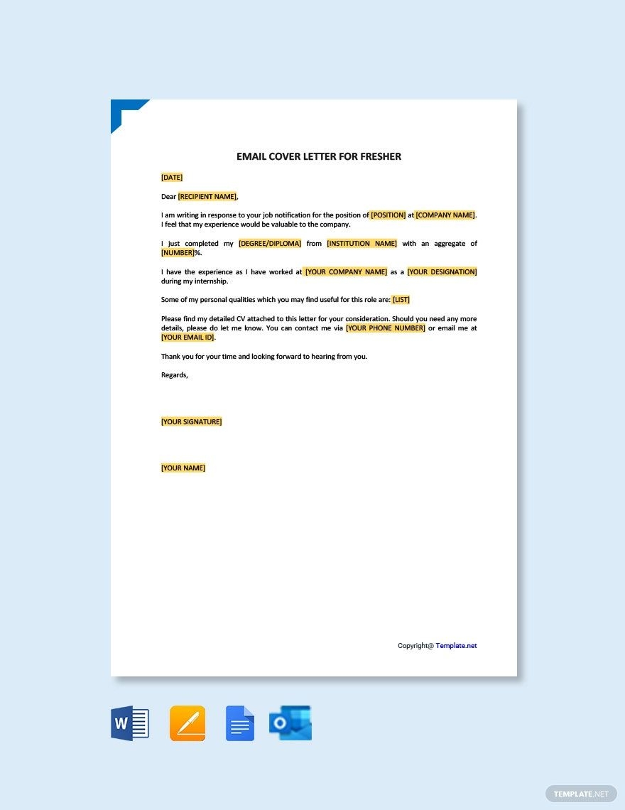 Email Cover Letter For Fresher Template In Google Docs Word Pages Outlook PDF Download Template
