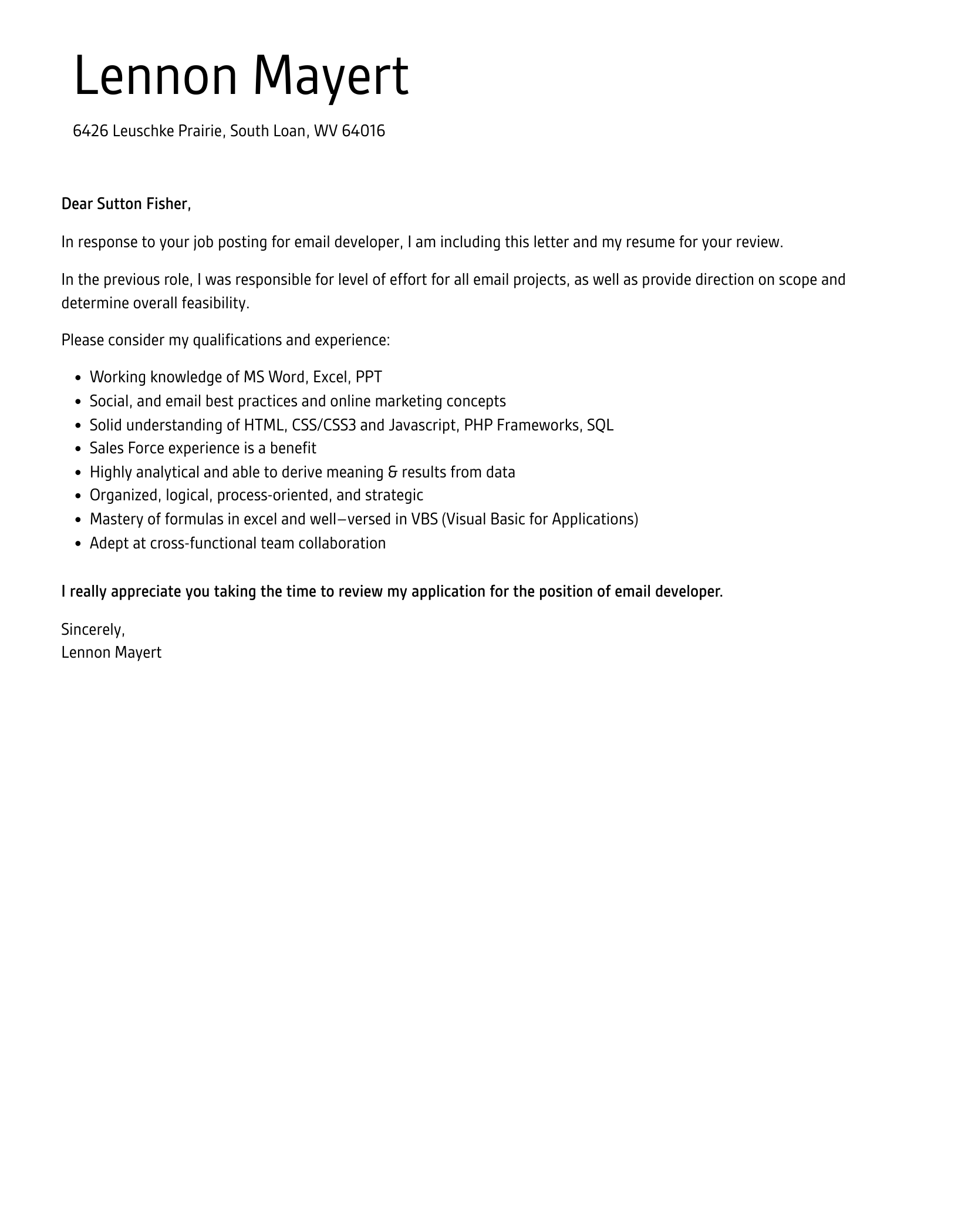 email cover letter template