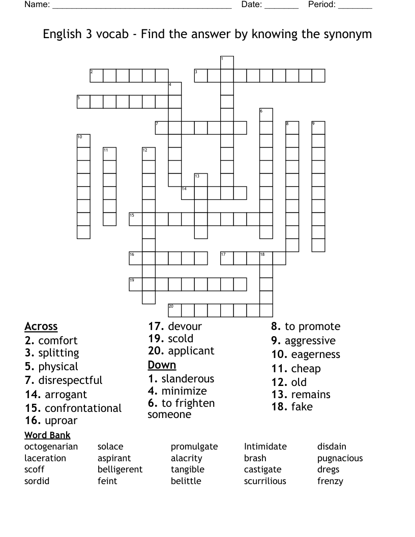 English 3 Vocab Find The Answer By Knowing The Synonym Crossword WordMint