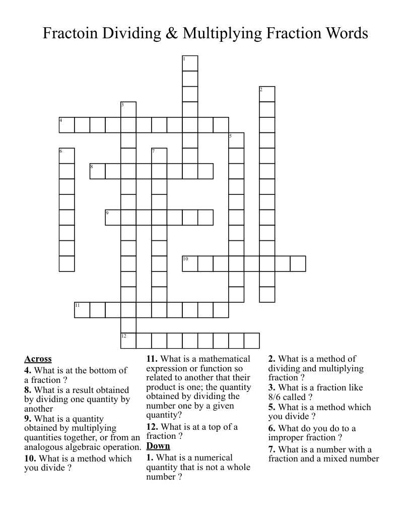 Fractoin Dividing Multiplying Fraction Words Crossword WordMint