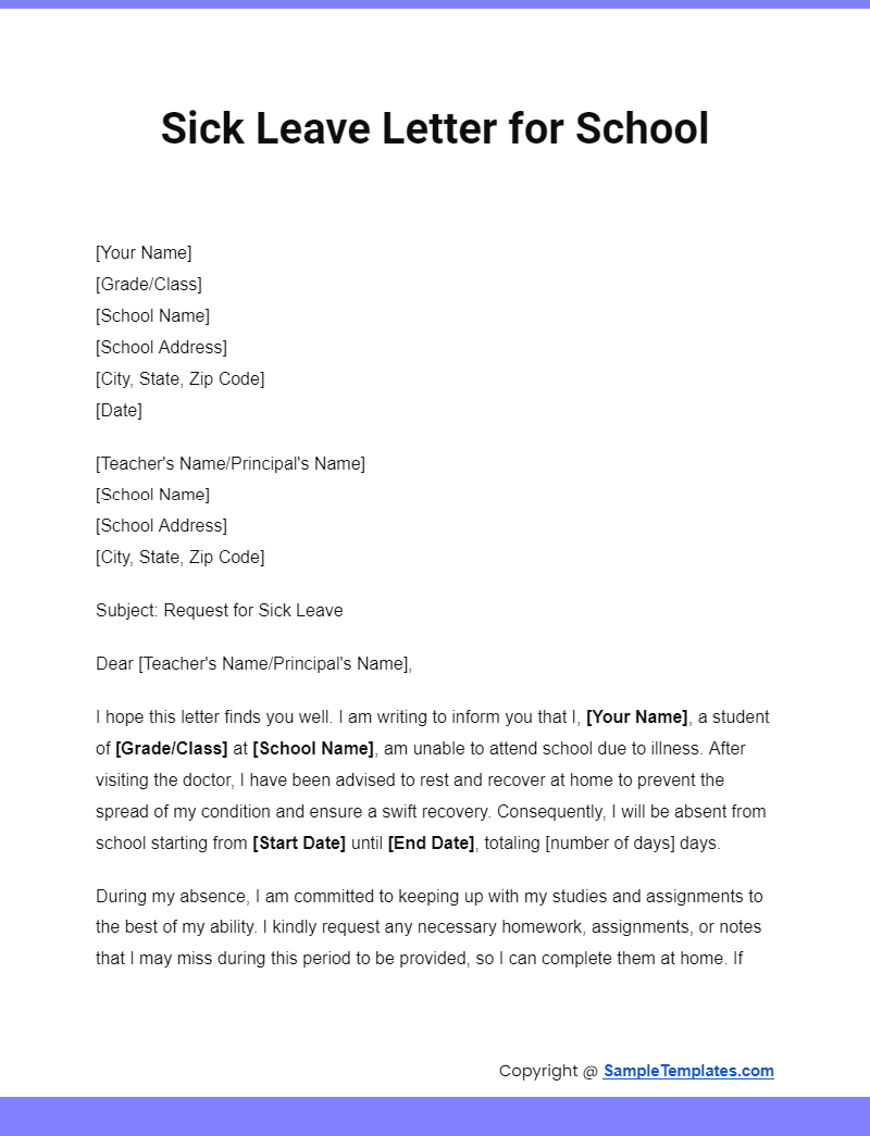 FREE 15 Formal Sick Leave Letter Templates Samples PDF Word Google Docs Pages