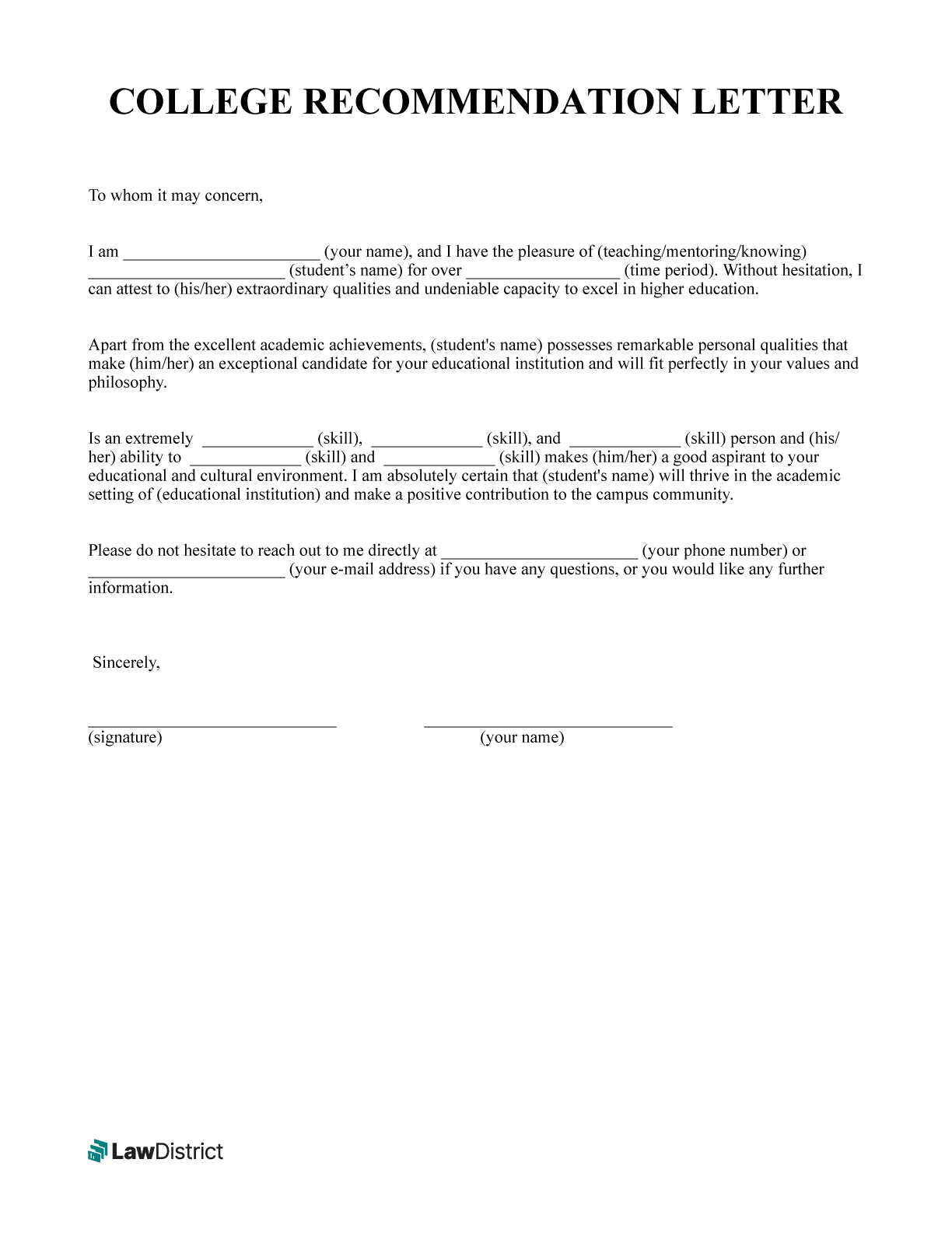 Free College Recommendation Letter Sample Template LawDistrict Free College Recommendation Letter Sample Template LawDistrict