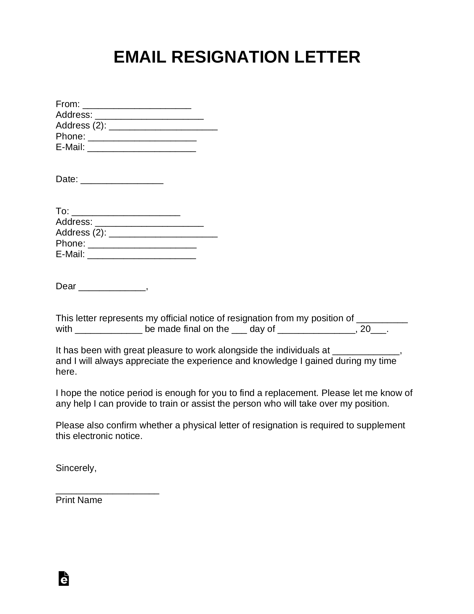 Free Email Resignation Letter Template With Samples PDF Word EForms