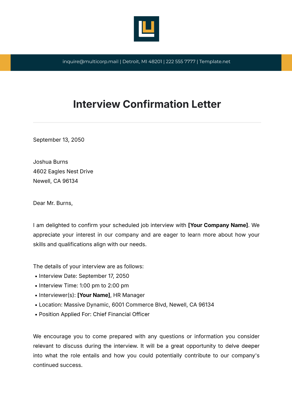 Free Interview Confirmation Letter Template To Edit Online