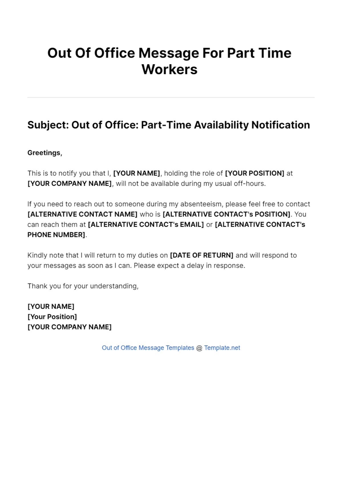 Free Out Of Office Message For Part Time Workers Template To Edit Online Free Out Of Office Message For Part Time Workers Template To Edit Online